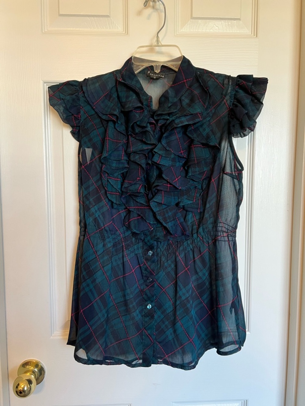 Women’s M Sheer Ruffled Plaid Blouse